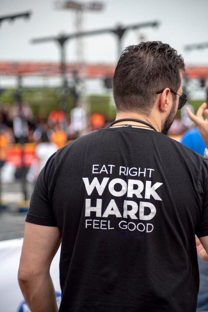 Person Wearing Eat Right Work Hard Feel Good-printed Shirt